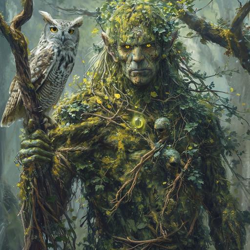 Half human, half treefolk, fully body, yellow eyes, powerful mage, covered in moss, wielding a staff, looking wise and kind , dnd druid with a ghostly owl--ar 16:9 --s 250 --v 6.0 --no beard