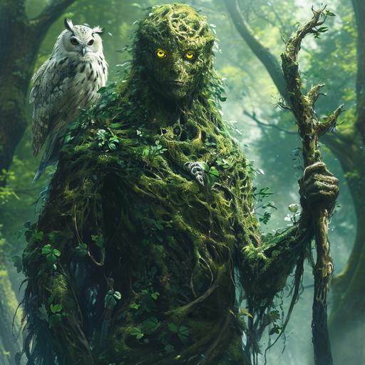 Half human, half treefolk, with fully body image, yellow eyes, powerful mage, covered in moss, wielding a staff, looking wise and kind , dnd druid with a ghostly owl. Standing in a forest--ar 16:9 --s 250 --v 6.0 --no beard