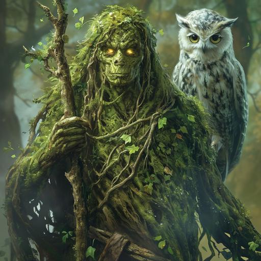 Half human, half treefolk, with fully body image, yellow eyes, powerful mage, covered in moss, wielding a staff, looking wise and kind , dnd druid with a ghostly owl--ar 16:9 --s 250 --v 6.0 --no beard