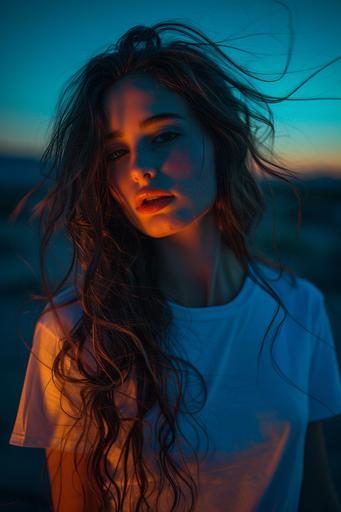 Half sized photographic portrait of an awesome beautiful 23 years old girl, lighted only by neons in a dark desert landscape. Glamour photography. long hair plain white t shirt, psychedelic, space and mysterious atmosphere, symbol --ar 2:3