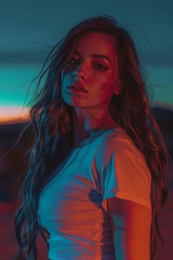 Half sized photographic portrait of an awesome beautiful 23 years old girl, lighted only by neons in a dark desert landscape. Glamour photography. long hair plain white t shirt, psychedelic, space and mysterious atmosphere, symbol --ar 2:3