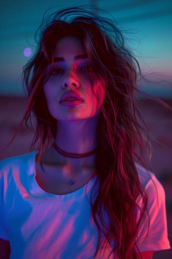 Half sized photographic portrait of an awesome beautiful 23 years old girl, lighted only by neons in a dark desert landscape. Glamour photography. long hair plain white t shirt, psychedelic, space and mysterious atmosphere, symbol --ar 2:3