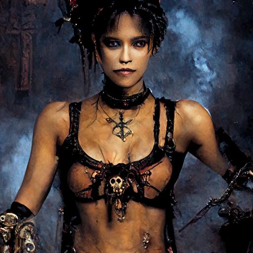 Halle Berry,1992, as a Steampunk Vampire of Death wearing only lacey black underwear.   holding a long-bladed sickle. Option 2