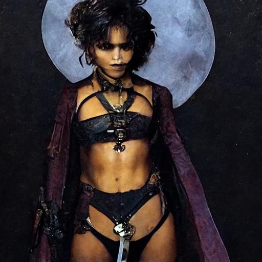 Halle Berry,1992, as a Steampunk Vampire of Death wearing only lacey black underwear.   holding a long-bladed sickle. Option 2 --uplight