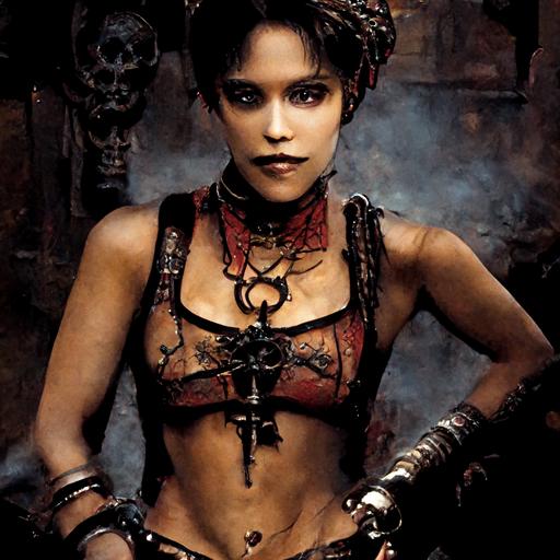 Halle Berry,1992, as a Steampunk Vampire of Death wearing only lacey black underwear.   holding a long-bladed sickle. Option 2
