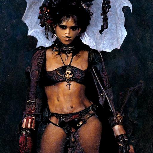 Halle Berry,1992, as a Steampunk Vampire of Death wearing only lacey black underwear.    holding a long-bladed sickle. Option 2