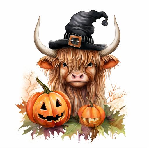 Halloween Highland Cow Sublimation Witch Cow Trick Or Treat Highland Cow Halloween watercolor clipart Illustration highqulity