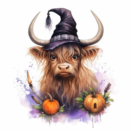 Halloween Highland Cow Sublimation Witch Cow Trick Or Treat Highland Cow Halloween watercolor clipart Illustration highqulity