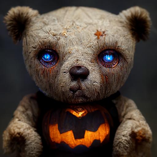 Halloween TEDDY BEAR, light eyes, spooky, scary, ultradetailed details, ultrarealistic render