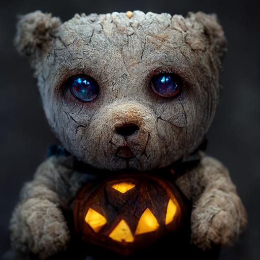 Halloween TEDDY BEAR, light eyes, spooky, scary, ultradetailed details, ultrarealistic render