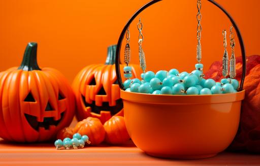 Halloween candy with a pumpkin and pumpkins in a basket on an orange background, in the style of eye-catching resin jewelry, uhd image, rinko kawauchi, light red and turquoise, website, heistcore, gloomcore --ar 64:41