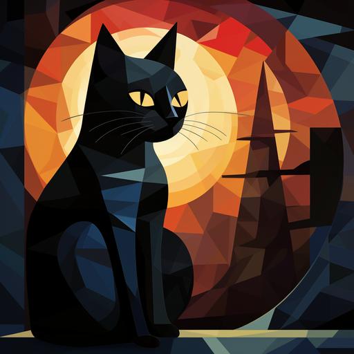 Halloween cat silhouette in front of moon in style of cubism — upbeta — s 750