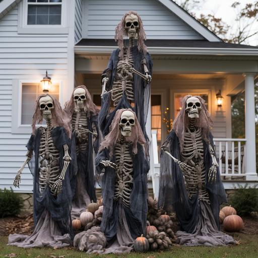 Halloween decorations 12 foot skeleton front yard creepy foggy Halloween animatronics pumpkins and witches demons and goblins