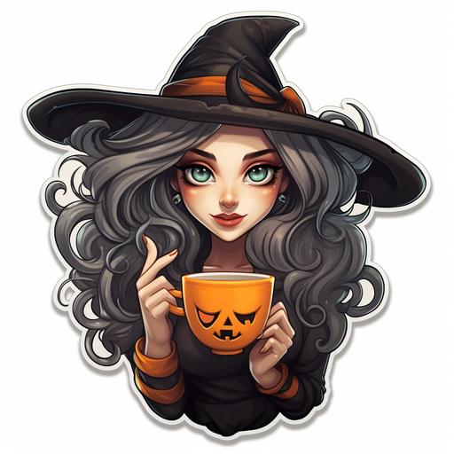 Halloween spooky cute witch illustration in different posses, mixing a cup of coffee, cartoon style sticker