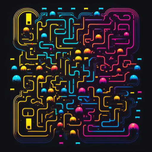 Pacman maze design with many vivid colors, repeating, symetrical