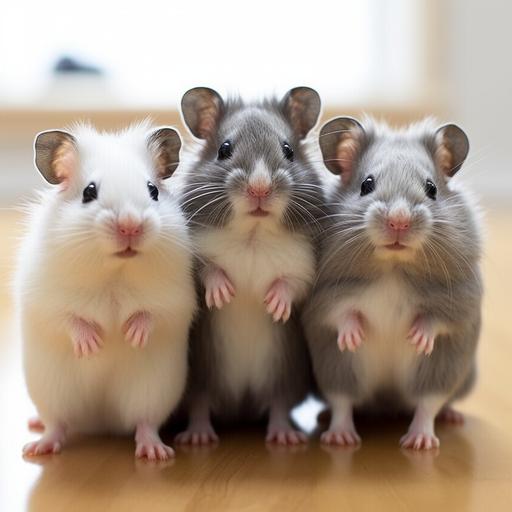 Hamsters: Hamster 1: Lucie: smallest, quickest, smartest/dark gray. Hamster 2: Beanie: fat, traumatized. Hamster 3: Snuffles: youngest, cutest, sweetest/gray   dark stripe