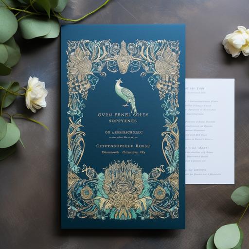 Hand Painted Baroque and Floral Frame Wedding Invitation with peacock in William Morris style