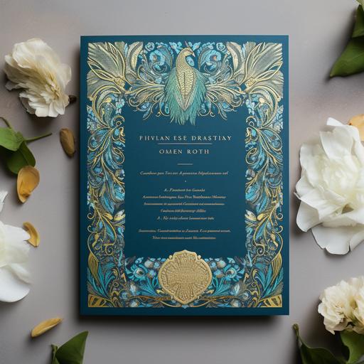 Hand Painted Baroque and Floral Frame Wedding Invitation with peacock in William Morris style