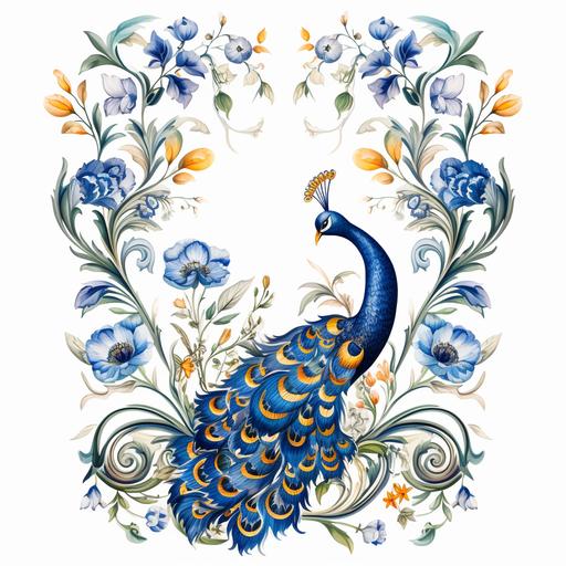 Hand Painted Baroque and Floral Frame clipart with peacock in William Morris style white background