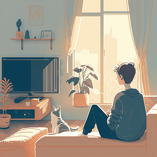 Hand animation style illustration, full color, panorama, young Chinese man (slim), young Chinese woman with hair down (slim), small silver gradient cat, living room, half shade blue screen curtain, romantic movies, hazy sunshine, comfort, warmth, relaxation, sofa, snacks, magazines, TV, plants, furniture