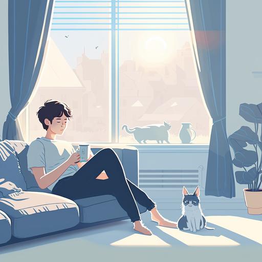 Hand animation style illustration, full color, panorama, young Chinese man (slim), young Chinese woman with hair down (slim), small silver gradient cat, living room, half shade blue screen curtain, romantic movies, hazy sunshine, comfort, warmth, relaxation, sofa, snacks, magazines, TV, plants, furniture