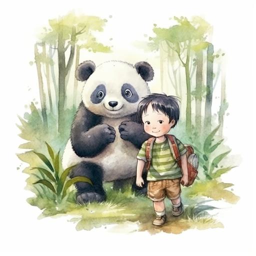 Hand-drawn illustration of little hoy in a forest with a panda, watercolor design, in the style of realism, simple, cute, flat shading, high resolution --s 750 --v 5.1