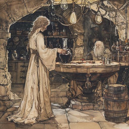 Hand-painted Arthur Rackham fairytale character illustration - in a strange alchemist’s laboratory in a basement, a tall thin woman in a simple robe stands at a table working on a chemical experiment with a flask of black liquid. in the background, an extremely old white-haired D&D dwarf wizard sits on a wooden chair.