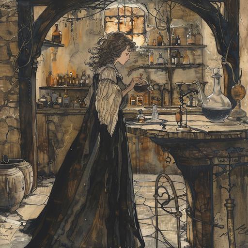 Hand-painted Arthur Rackham fairytale character illustration - in a strange alchemist’s laboratory in a basement, a tall thin woman in a simple robe stands at a table working on a chemical experiment with a flask of black liquid.