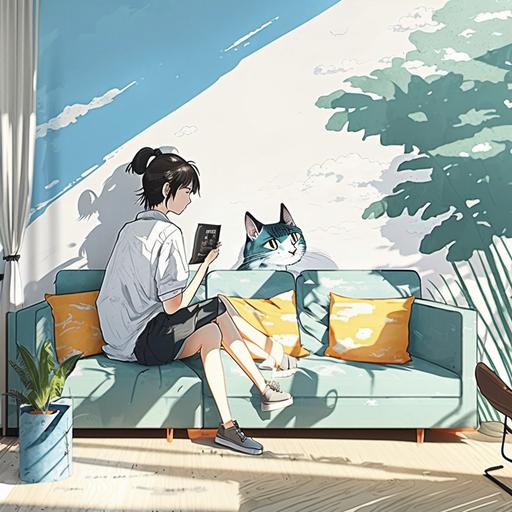 Hand-painted comic style, full color, medium panoramic, young Chinese man (slim), young Chinese woman with hair down (slim), small silver gradient cat, living room, semi-occluse blue screen curtain, romantic movie, hazy sunshine, comfort, warmth, relaxation, sofa, snacks, magazines, TV, plants, furniture, wide Angle lens