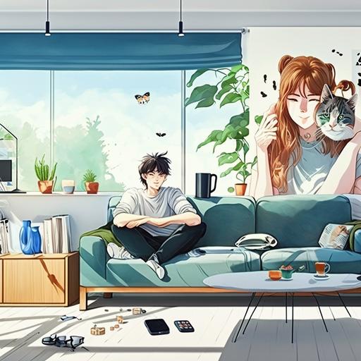 Hand-painted comic style, full color, medium panoramic, young Chinese man (slim), young Chinese woman with hair down (slim), small silver gradient cat, living room, semi-occluse blue screen curtain, romantic movie, hazy sunshine, comfort, warmth, relaxation, sofa, snacks, magazines, TV, plants, furniture, wide Angle lens