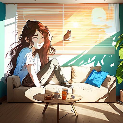 Hand-painted comic style, full color, medium panoramic, young Chinese man (slim), young Chinese woman with hair down (slim), small silver gradient cat, living room, semi-occluse blue screen curtain, romantic movie, hazy sunshine, comfort, warmth, relaxation, sofa, snacks, magazines, TV, plants, furniture, wide Angle lens