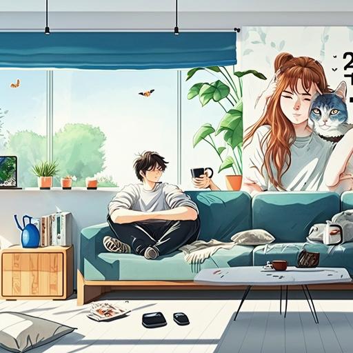 Hand-painted comic style, full color, medium panoramic, young Chinese man (slim), young Chinese woman with hair down (slim), small silver gradient cat, living room, semi-occluse blue screen curtain, romantic movie, hazy sunshine, comfort, warmth, relaxation, sofa, snacks, magazines, TV, plants, furniture, wide Angle lens