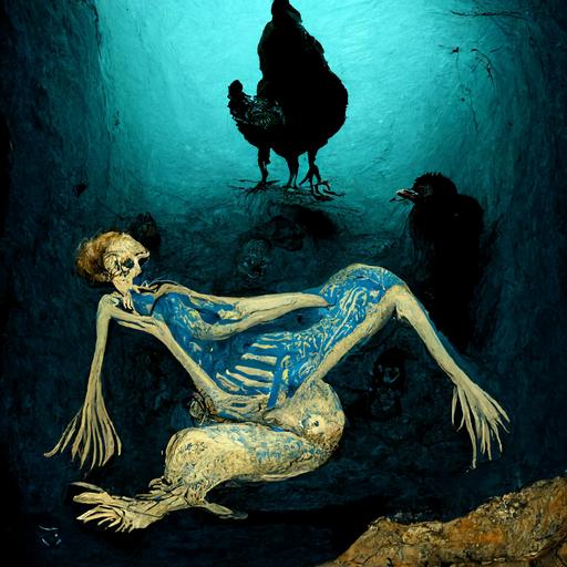 Handdrawn blue fat siren in a water cave surrounded by half men half chicken skeletons, turqoise
