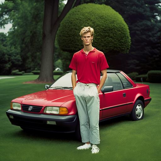 Handsome 1990’s hairy young blonde man with short haircut standing next to red Acura Legend barefoot on a grass