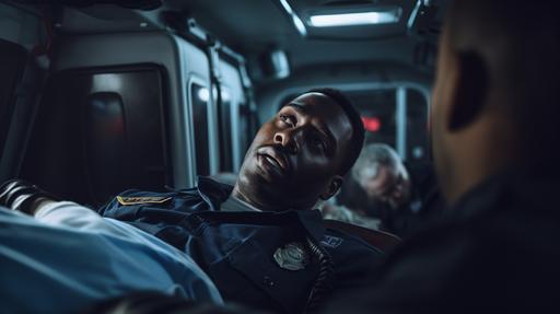Handsome black man laying on a gurney while paramedics reel him into the back of an ambulance after being shot hyper realistic, photorealistic, Studio Lighting, reflections, dynamic pose, Cinematic, Color Grading, Photography, Shot on 50mm lens, Ultra - Wide Angle, Depth of Field, hyper - detailed, beautifully color - coded, insane details, intricate details, beautifully color graded, Unreal Engine, Cinematic, Color Grading, Editorial Photography, Photography, Photoshoot, Shot on 24mm lens, Depth of Field, DOF, Tilt Blur, Shutter Speed 1/ 1000, F/ 22, White Balance, 32k, Super - Resolution, Megapixel, ProPhoto RGB, VR, Halfrear Lighting, Backlight, Natural Lighting, Incandescent, Optical Fiber, Moody Lighting, Cinematic Lighting, Studio Lighting, Soft Lighting, Volumetric, Contre - Jour, Beautiful Lighting, Accent Lighting, Global Illumination, Screen Space Global Illumination, Ray Tracing Global Illumination, Optics, Scattering, Glowing, Shadows, Rough, Shimmering, Ray Tracing Reflections, Lumen Reflections, Screen Space Reflections, Diffraction Grading, Chromatic Aberration, GB Displacement, Scan Lines, Ray Traced, Ray Tracing Ambient Occlusion, Anti - Aliasing, FKAA, TXAA, RTX, SSAO, Shaders, OpenGL - Shaders, GLSL - Shaders, Post Processing, Post - Production, Cel Shading, Tone Mapping, CGI, VFX, SFX, insanely detailed and intricate, hypermaximalist, elegant, hyper realistic, super detailed, dynamic pose. --ar 16:9 --v 5.2