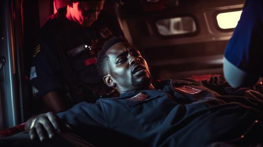 Handsome black man laying on a gurney while paramedics reel him into the back of an ambulance after being shot hyper realistic, photorealistic, Studio Lighting, reflections, dynamic pose, Cinematic, Color Grading, Photography, Shot on 50mm lens, Ultra - Wide Angle, Depth of Field, hyper - detailed, beautifully color - coded, insane details, intricate details, beautifully color graded, Unreal Engine, Cinematic, Color Grading, Editorial Photography, Photography, Photoshoot, Shot on 24mm lens, Depth of Field, DOF, Tilt Blur, Shutter Speed 1/ 1000, F/ 22, White Balance, 32k, Super - Resolution, Megapixel, ProPhoto RGB, VR, Halfrear Lighting, Backlight, Natural Lighting, Incandescent, Optical Fiber, Moody Lighting, Cinematic Lighting, Studio Lighting, Soft Lighting, Volumetric, Contre - Jour, Beautiful Lighting, Accent Lighting, Global Illumination, Screen Space Global Illumination, Ray Tracing Global Illumination, Optics, Scattering, Glowing, Shadows, Rough, Shimmering, Ray Tracing Reflections, Lumen Reflections, Screen Space Reflections, Diffraction Grading, Chromatic Aberration, GB Displacement, Scan Lines, Ray Traced, Ray Tracing Ambient Occlusion, Anti - Aliasing, FKAA, TXAA, RTX, SSAO, Shaders, OpenGL - Shaders, GLSL - Shaders, Post Processing, Post - Production, Cel Shading, Tone Mapping, CGI, VFX, SFX, insanely detailed and intricate, hypermaximalist, elegant, hyper realistic, super detailed, dynamic pose. --ar 16:9 --v 5.2