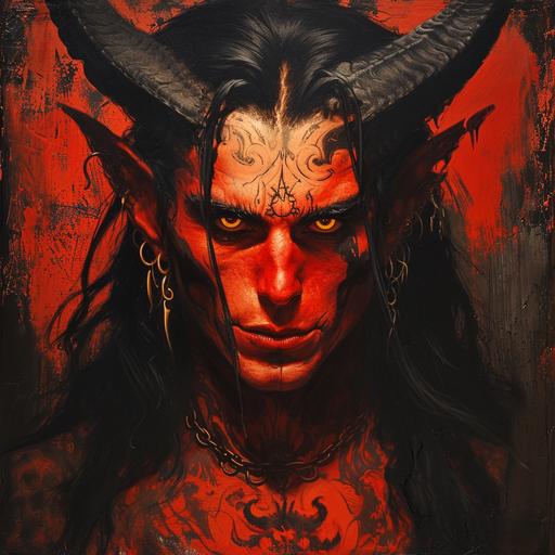 Handsome crimson red - skinned devil, with long black hair, yellow snake - like eyes, black horns on temple, arcane tattoos on left half of face --v 6.0