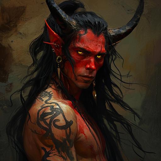 Handsome crimson red - skinned devil, with long black hair, yellow snake - like eyes, black horns on temple, arcane tattoos on left half of face --v 6.0