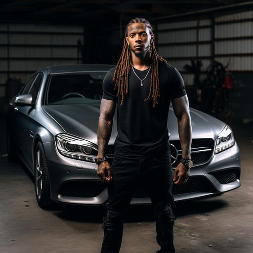 Handsome male, 30, dark skin, 6’7 tall, long dreads, black button up shirt, dark jeans, muscles bulging, tattoos, side profile, full body, next to a 2024 Mercedes, realistic photography