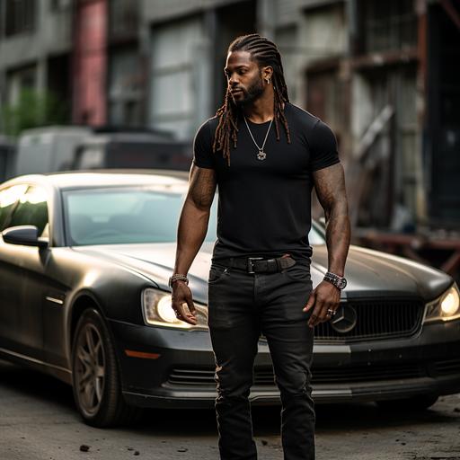 Handsome male, 30, dark skin, 6’7 tall, long dreads, black button up shirt, dark jeans, muscles bulging, tattoos, side profile, full body, next to a 2024 Mercedes, realistic photography