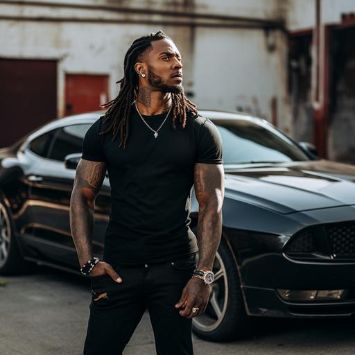 Handsome male, 30,ebony skin, long dreads, black button up shirt, dark jeans, muscles bulging, tattoos, side profile, full body, next to a 2024 Mercedes, realistic photography