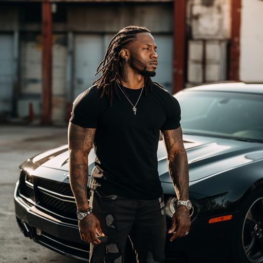 Handsome male, 30,ebony skin, long dreads, black button up shirt, dark jeans, muscles bulging, tattoos, side profile, full body, next to a 2024 Mercedes, realistic photography