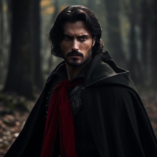 Handsome man in his 20s. Wearing elegant black sorcerer robes. A red scarf is over his shoulders and neck. Has shoulder length black hair and well-groomed mustache and beard. His look depicts loss and anger. He walks through a shadowy forrest.highly detailed, photorealistic, cinematic lighting