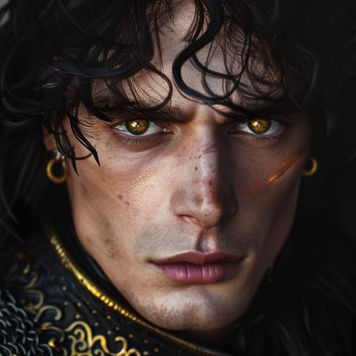 Handsome young man dark prince with black hair and golden eyes. Inspired by young Henry Cavil, front facing. --v 6.0