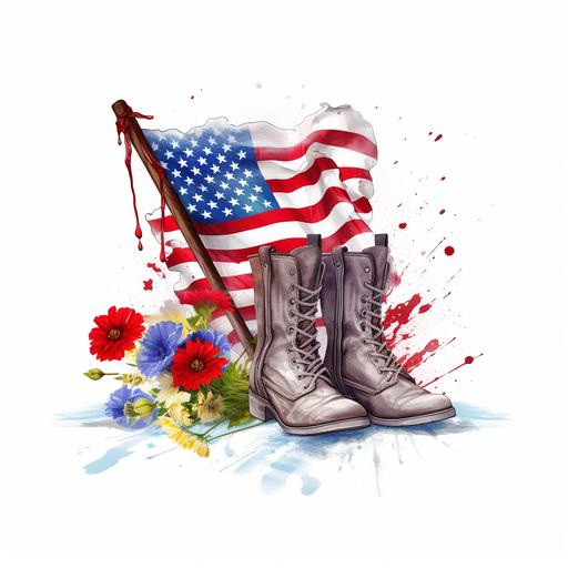 Hanging American Flag, 4th of July Clipart, graphic design, flat design, USA Flag Star Strip, Flowers and boots, watercolor American Flag splashes, highly detailed clean, photorealistic masterpiece, professional photography, White background, isometric, vibrant color vector, --s 50 --v 5.1 --s 50 --v 5.1