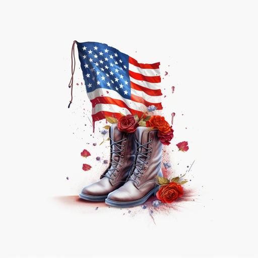 Hanging American Flag, 4th of July Clipart, graphic design, flat design, USA Flag Star Strip, Flowers and boots, watercolor American Flag splashes, highly detailed clean, photorealistic masterpiece, professional photography, White background, isometric, vibrant color vector, --s 50 --v 5.1 --s 50 --v 5.1