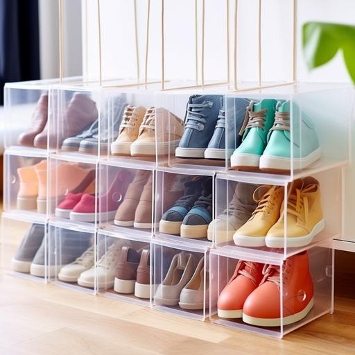 Hanging plastic transparent Shoe box type organizer hanging on closet with its Sliding Hooks. only two boxes per level