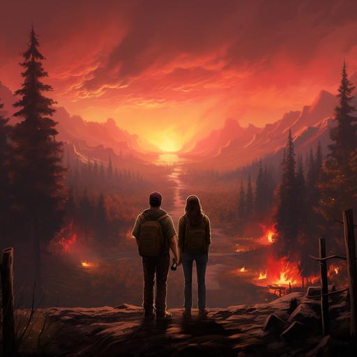 Hank and Delilah to fire wardens from the game fire watch meet in a romantic setting from the games environment. There is a forest fire raging and the fire can also be seen. in the distance and the image is in the style of the game.