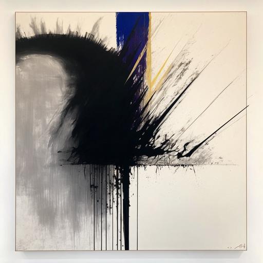Hans Hartung, Cy Twombly abstract expressionist oil painting on canvas, cream, black, grey, deep violet and blue, bright yellow spray paint streak --v 4