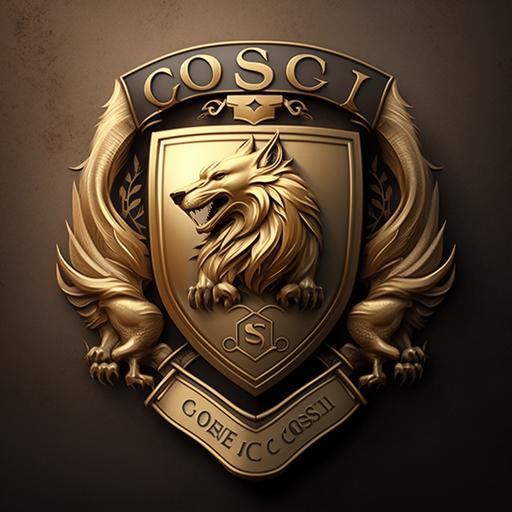 logo, ultra realistic, in the shape of a coat of arms, in gold metallic format, that has the name GOSB FC, that conntains the elements, wolf, beer, soccer ball, church